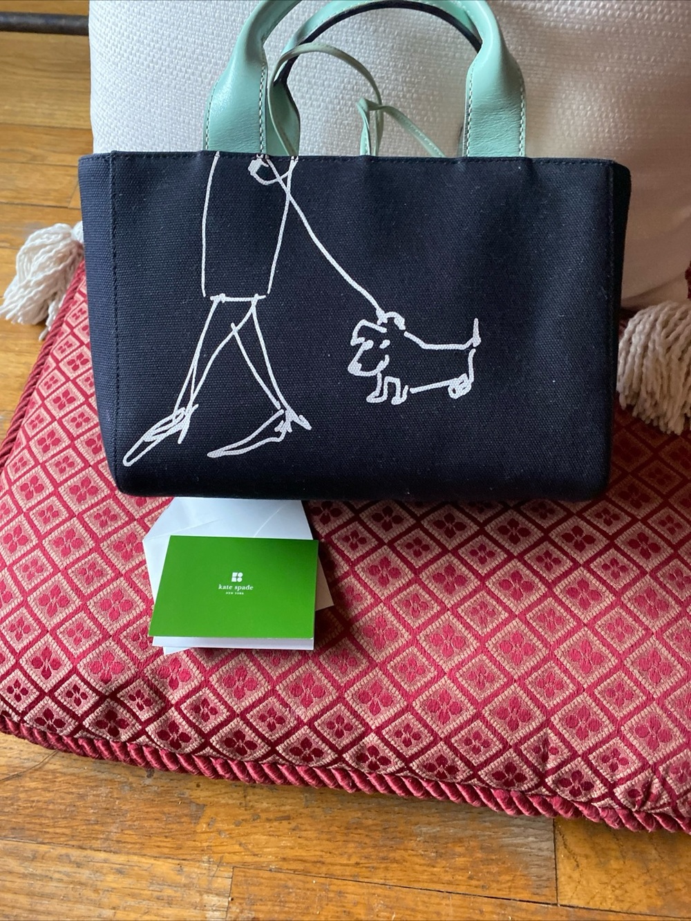 kate spade Black Canvas Tote with White Sketch and Mint Handles
